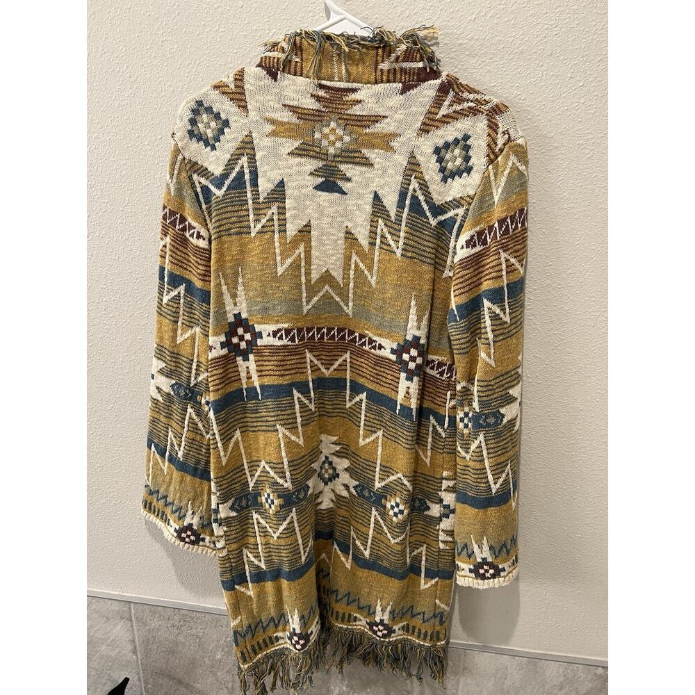 Blue B Aztec W/ Fringe Open Cardigan Size S. Cream, Tan, Blue. - Picture 2 of 4